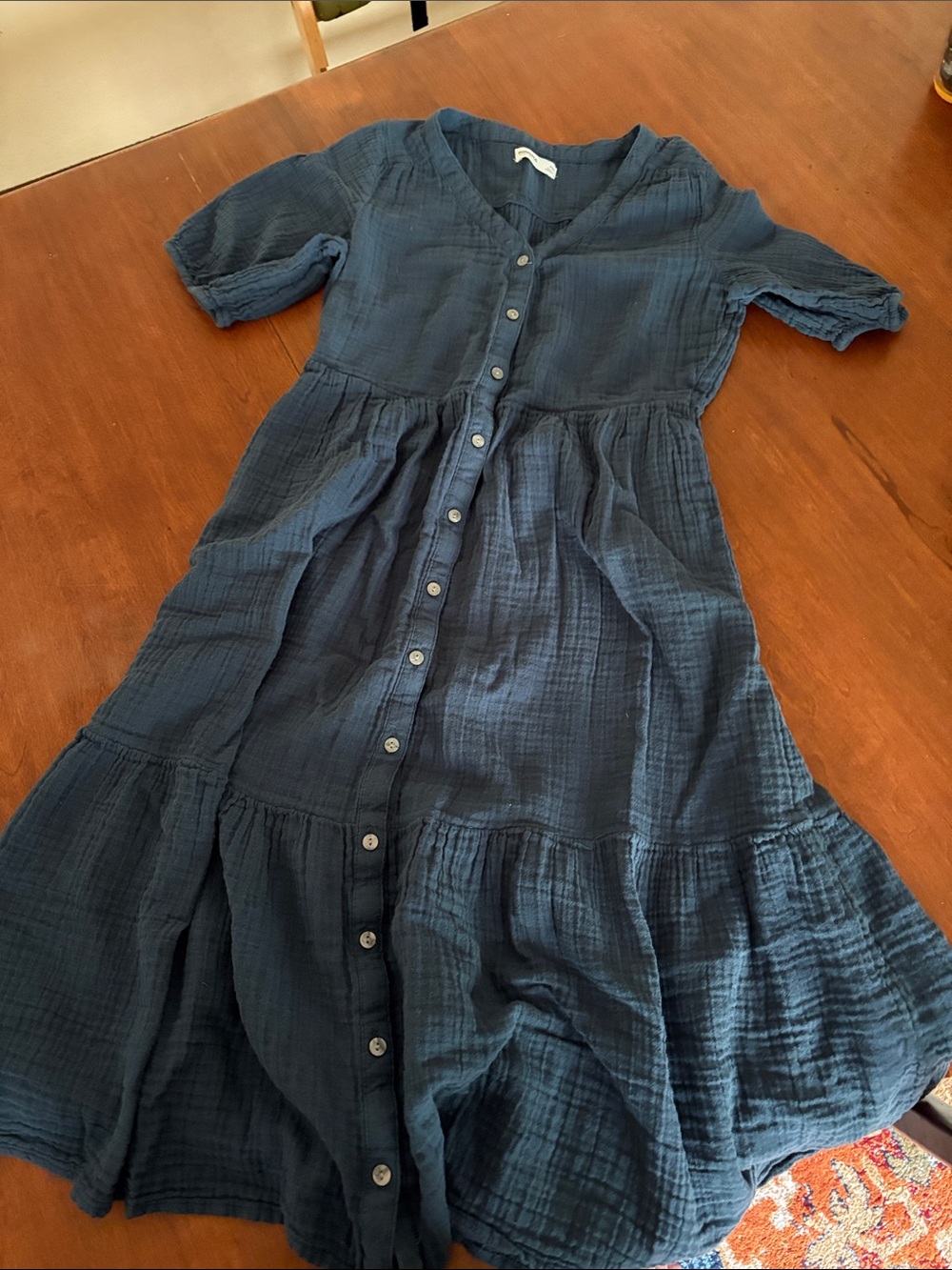 Button-Front Navy Tiered Cotton Dress